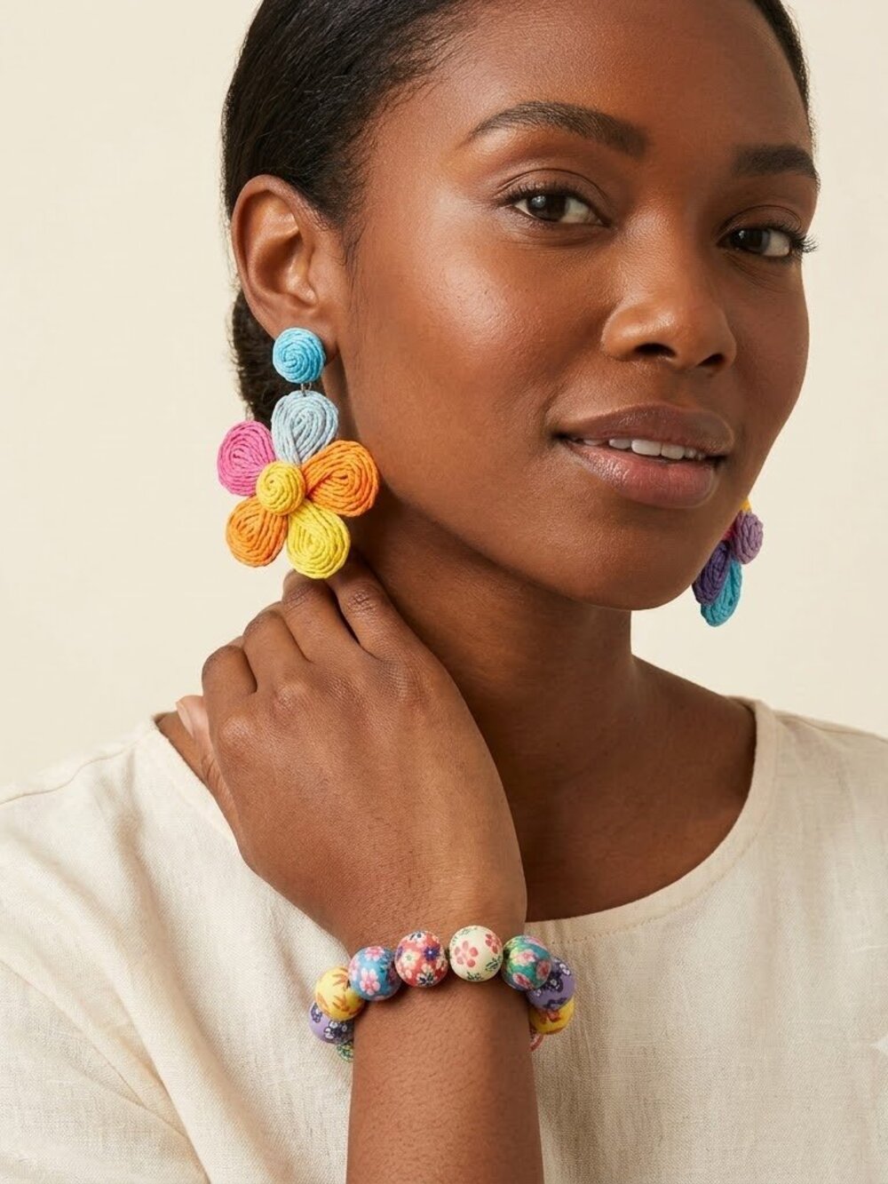 Colorful Floral clay Bracelet and twine Earrings Set